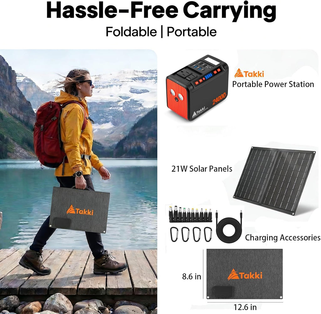 Takki Solar Generator 120W Peak Portable Power Station with 21W Solar Panel 88.8Wh Battery Power Bank with 110V AC Outlet for Camping RV Tent Home Outages Emergency