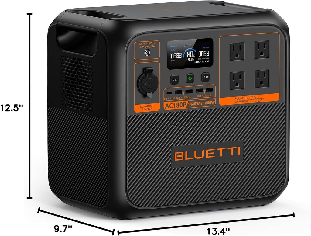 BLUETTI AC180P Portable Power Station, 1440Wh LiFePO4 Battery Backup w/ 4 1800W (2700W Power Lifting) AC Outlets, 0-80% in 45Min, Solar Generator for Camping, Off-grid, Power Outage