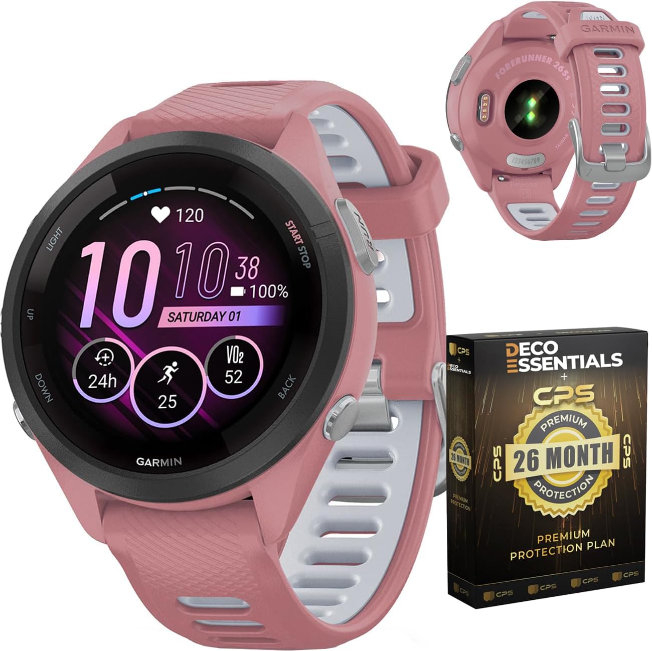 Garmin 010-02810-05 Forerunner 265S GPS Smartwatch Light Pink/Whitestone | Official USA Partner Model | Bundle with Deco Essentials Exclusive 26 Month CPS Enhanced Protection Pack
