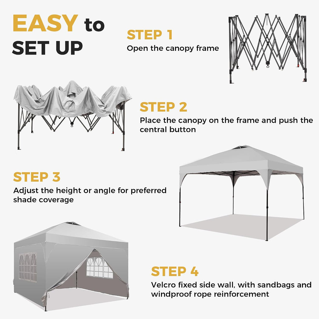 10x10 Pop Up Canopy Tent with One Push Setup, Portable Sun Shade Tent, Instant Easy Up Canopy with 4-Sidewalls & Hand Bag, Outdoor Fldable Gazebo with Vent Top, White.