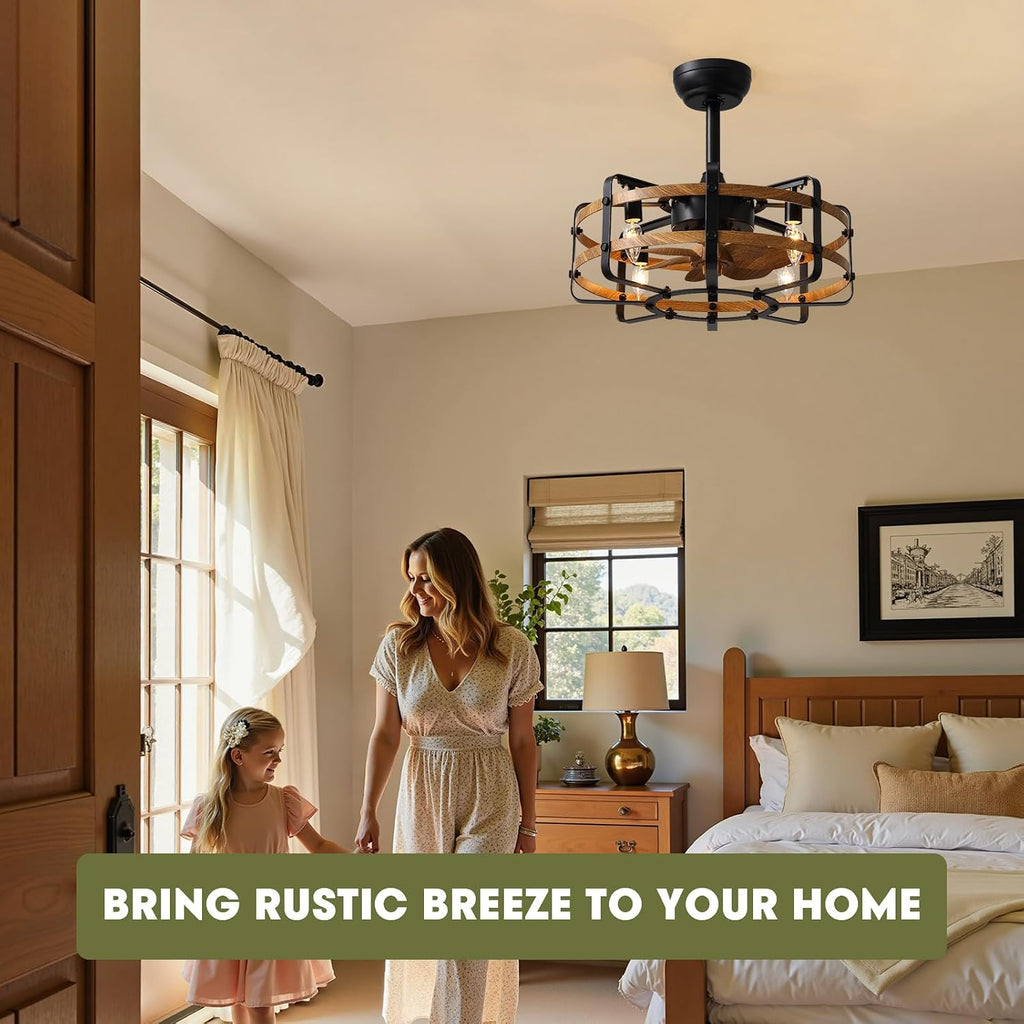 Caged Ceiling Fans with Light Farmhouse, 21 Inch Flush Mount Vintage Fandelier Rustic Chandeliers Ceiling Fan Remote for Bedroom, Kitchen, Living Room, Dining Room (Wood)