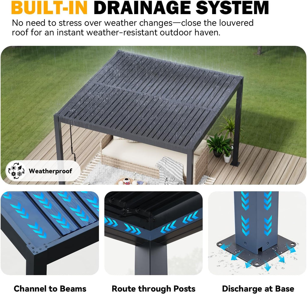 MELLCOM Pergola Louvered 10x10, Metal Hardtop Pergola with Adjustable Roof for Sun & Rain Shade, Outdoor Gazebo with Integrated Drainage System, Modern Rustproof Patio Canopy Carport