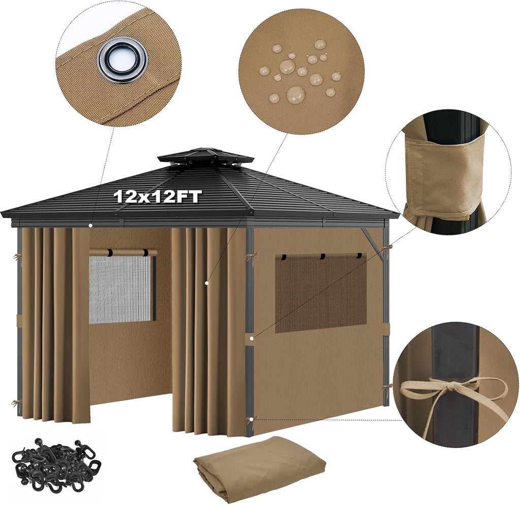Universal Replacement Privacy Curtains for Gazebos, 12x12 ft Outdoor Waterproof with Large Mosquito-Proof Window Opening, 2-Piece Four-Sided Side Walls with Zippers (Curtains Only, Khaki)