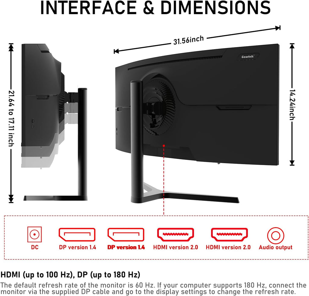 Gawfolk 34 Inch Ultrawide Curved 180Hz Gaming Computer Monitor 1000R PC screen 21:9 UWQHD (3440x1440) ,1ms,100%sRGB,Adaptive Sync,HDMI、Display Port,Liftable Stand,Wall Mount Compatible 75*75mm-Black
