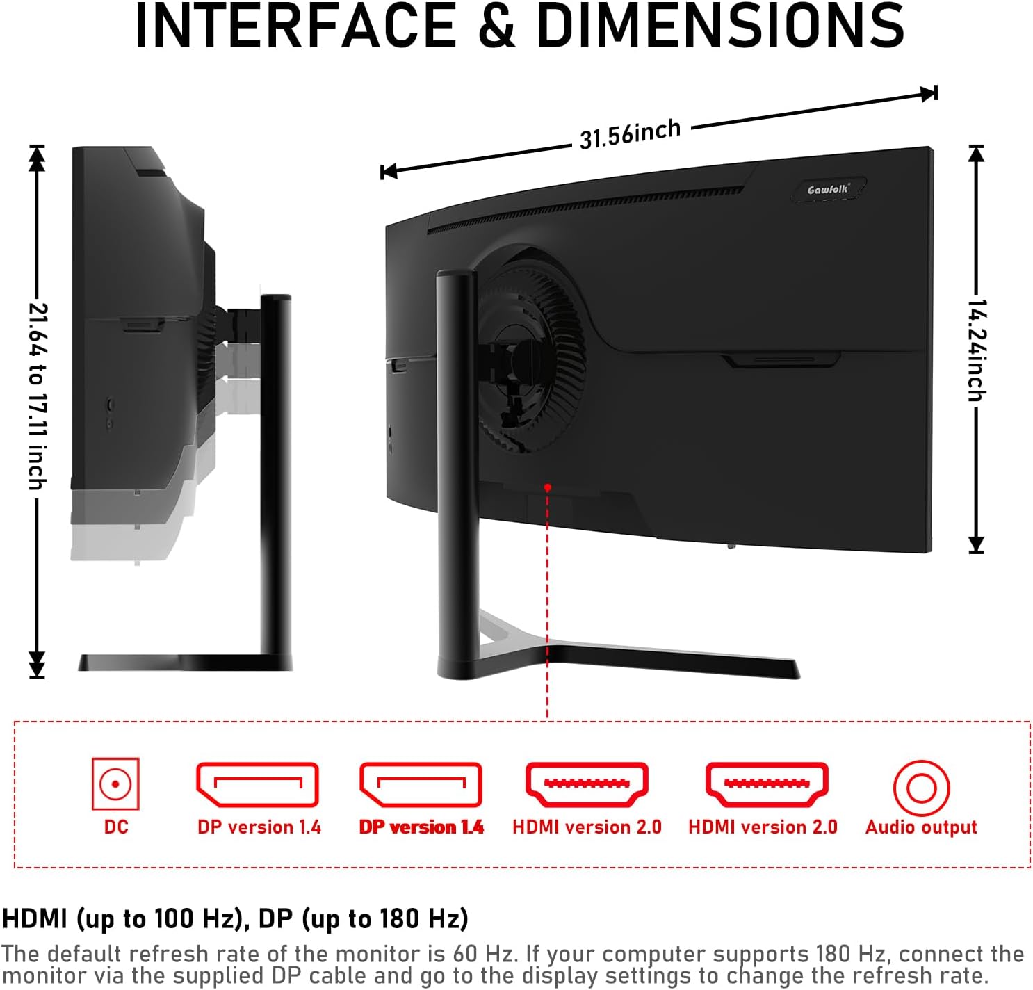 Gawfolk 34 Inch Ultrawide Curved 180Hz Gaming Computer Monitor 1000R PC screen 21:9 UWQHD (3440x1440) ,1ms,100%sRGB,Adaptive Sync,HDMI、Display Port,Liftable Stand,Wall Mount Compatible 75*75mm-Black