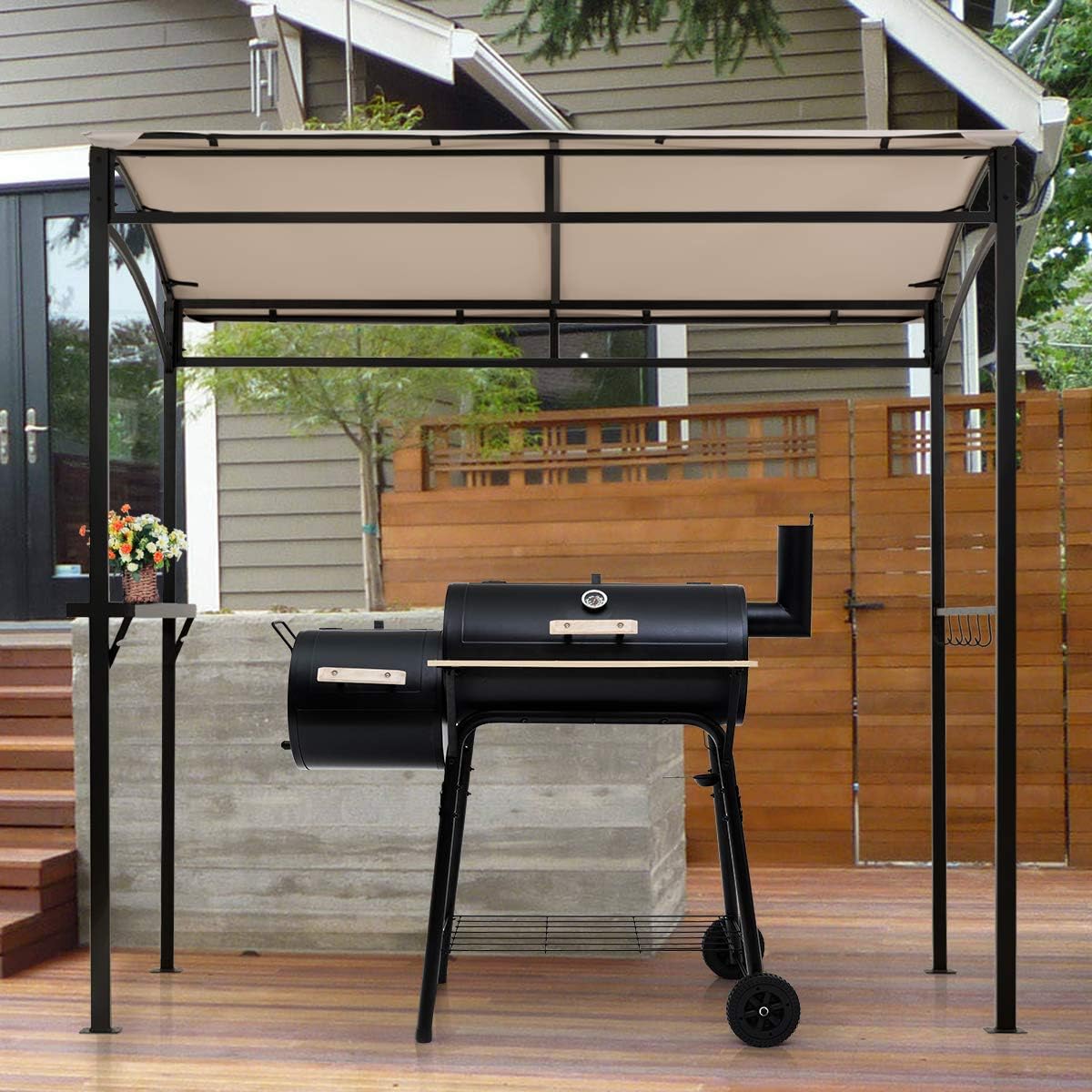 LDAILY Grill Gazebo, 7x4.4ft BBQ Canopy Shelter with Storage Shelf and Hooks, Heavy-Duty Steel Frame, Grill Pergola with Bottle Opener Notch, Small Gazebo for Backyard, Patio, Garden (Beige)