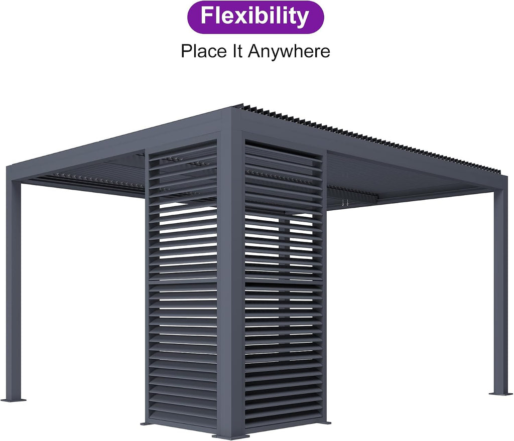 PURPLE LEAF Louvered Pergola 94AS 10' x 14' Outdoor Aluminum Pergola with Fixed Shutter Wall Adjustable Roof for Deck Backyard Grey Hardtop Gazebo, 1 Short Side
