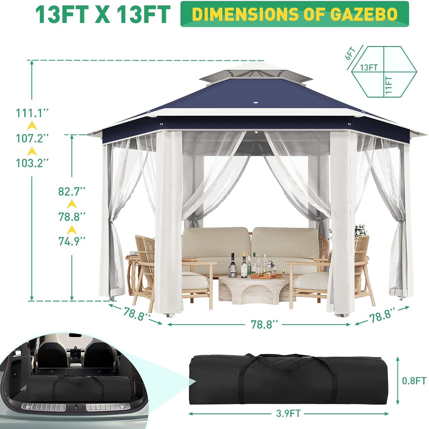 Pop-Up Gazebo 13 * 13 ft 6 Sided, Canopy Tent with Mesh Windows & Portable Carry Bag, Adjustable Tent Outdoor Pergola for Backyard & Patio Furniture (Blue)