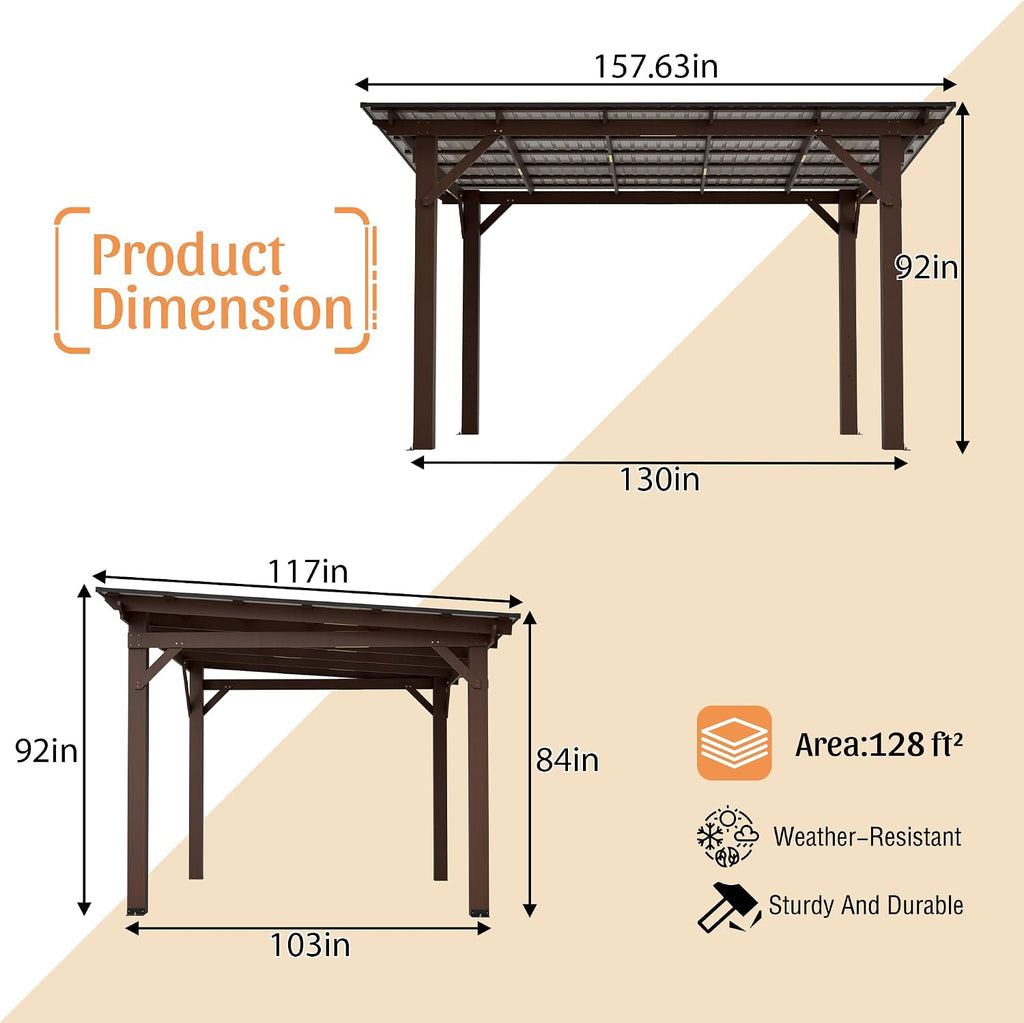 YOPTO 13.1x7.7 FT Gazebo,Outdoor Pergola W/Metal Roof,Lean to Gazebo W/UV-Resistant & Water Resistant,Wall-Mounted Heavy Duty Fir Wood Pergola W/Protective Corners,for Backyard Patio Garden,Brown