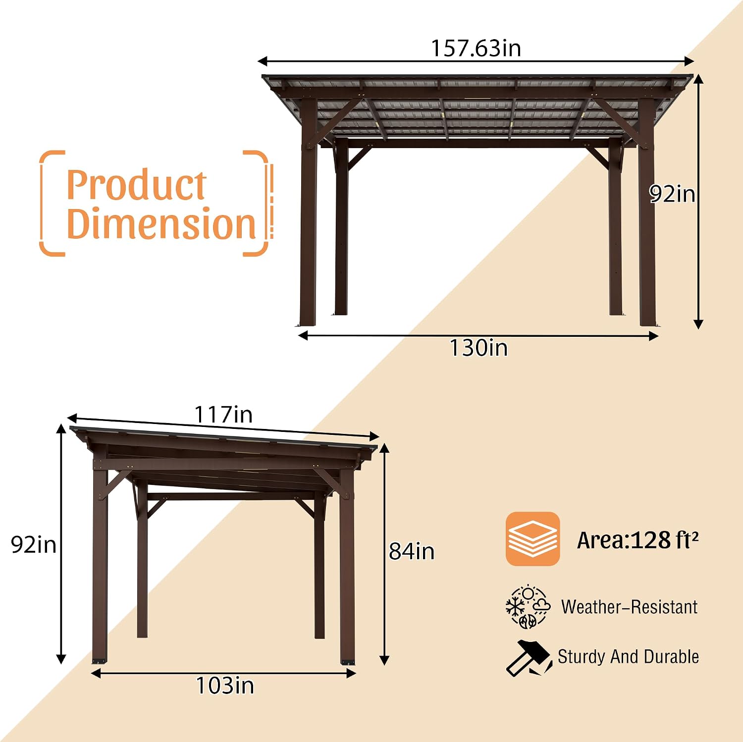 13 x 10 FT Spacious Wooden Garden Gazebo with Metal Roof, Spacious Outdoor Patio Shade Structure for Backyard, All-Weather Waterproof Brown Fir Wood Pergola, Brown