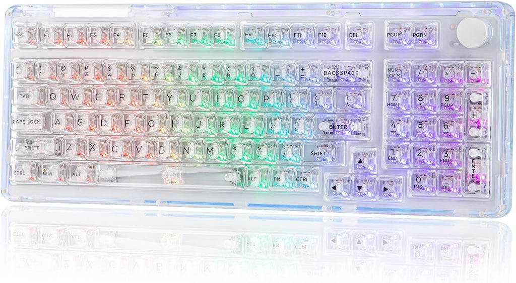 KiiBoom Phantom 98 Crystal Mechanical Gaming Keyboard, Transparent Keyboard with RGB Backlits, Hot-Swappable, Shine Through Clear Keycaps, 3 Modes Wireless, 8000mAh Battery, NKRO for Win/Mac (Clear)