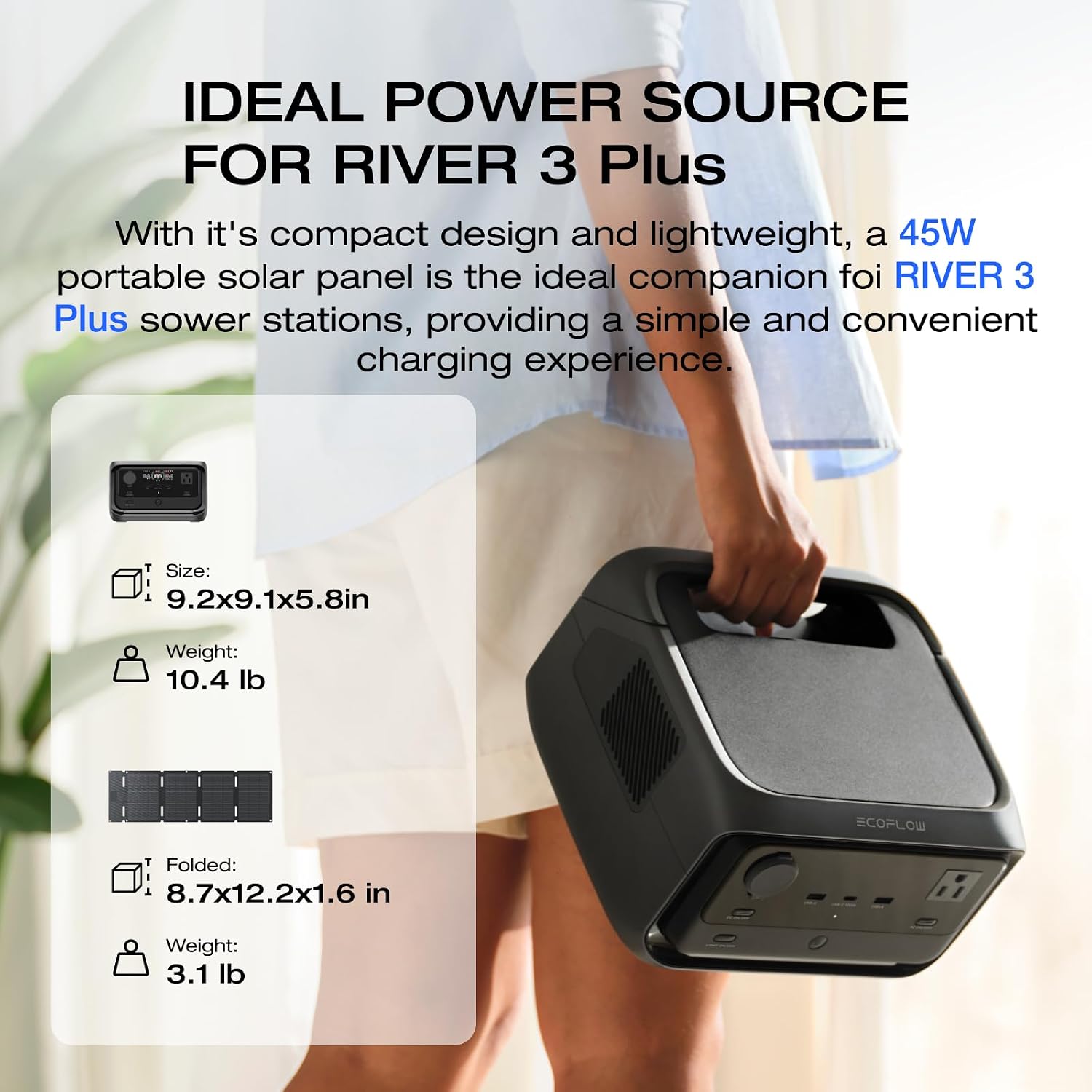 EF ECOFLOW Solar Generator RIVER 3 Plus with 45W Solar Panel, 286Wh Portable Power Station LiFePO4 Battery, 3 Up to 1200W AC Outlets, <10 MS UPS, Expandable to 858Wh, <30 dB Quiet, 1Hr Fast AC Charge