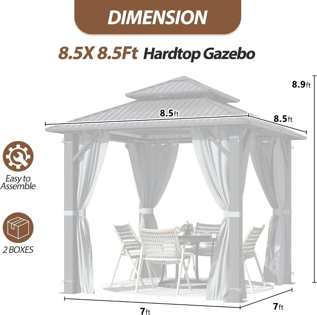 8.5' x 8.5' Hardtop Gazebo, Galvanized Steel Double Roof Gazebo with Nettings and Curtain Outdoor Aluminum Frame Vertical Stripes Roof Gazebos for Patio, Backyard, Lawn