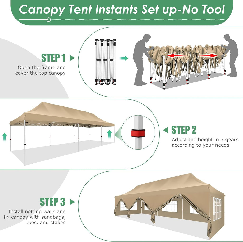 COBIZI 10x30 Pop Up Canopy Party Tents for Parties Waterproof Outdoor Event Shelter with 8 Sidewalls Camping Commercial Wedding Portable Easy to Set up Gazebo Tent for Backyard, Khaki