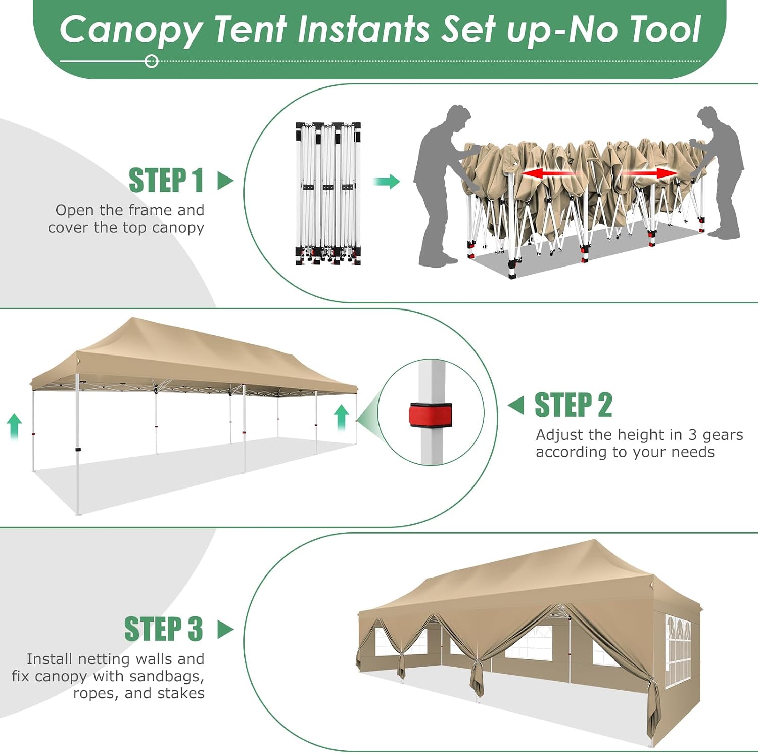 COBIZI 10x30 Pop Up Canopy Party Tents for Parties Waterproof Outdoor Event Shelter with 8 Sidewalls Camping Commercial Wedding Portable Easy to Set up Gazebo Tent for Backyard, Khaki
