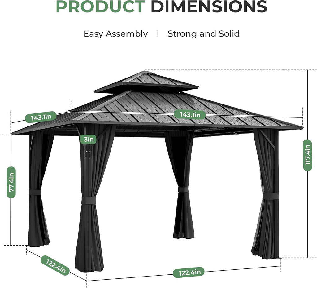 12' x 12' Hardtop Gazebo, Aluminum Frame with Double Galvanized Steel Roof, Outdoor Metal Gazebo with Netting & Curtains for Backyard, Garden, or Deck, Grey