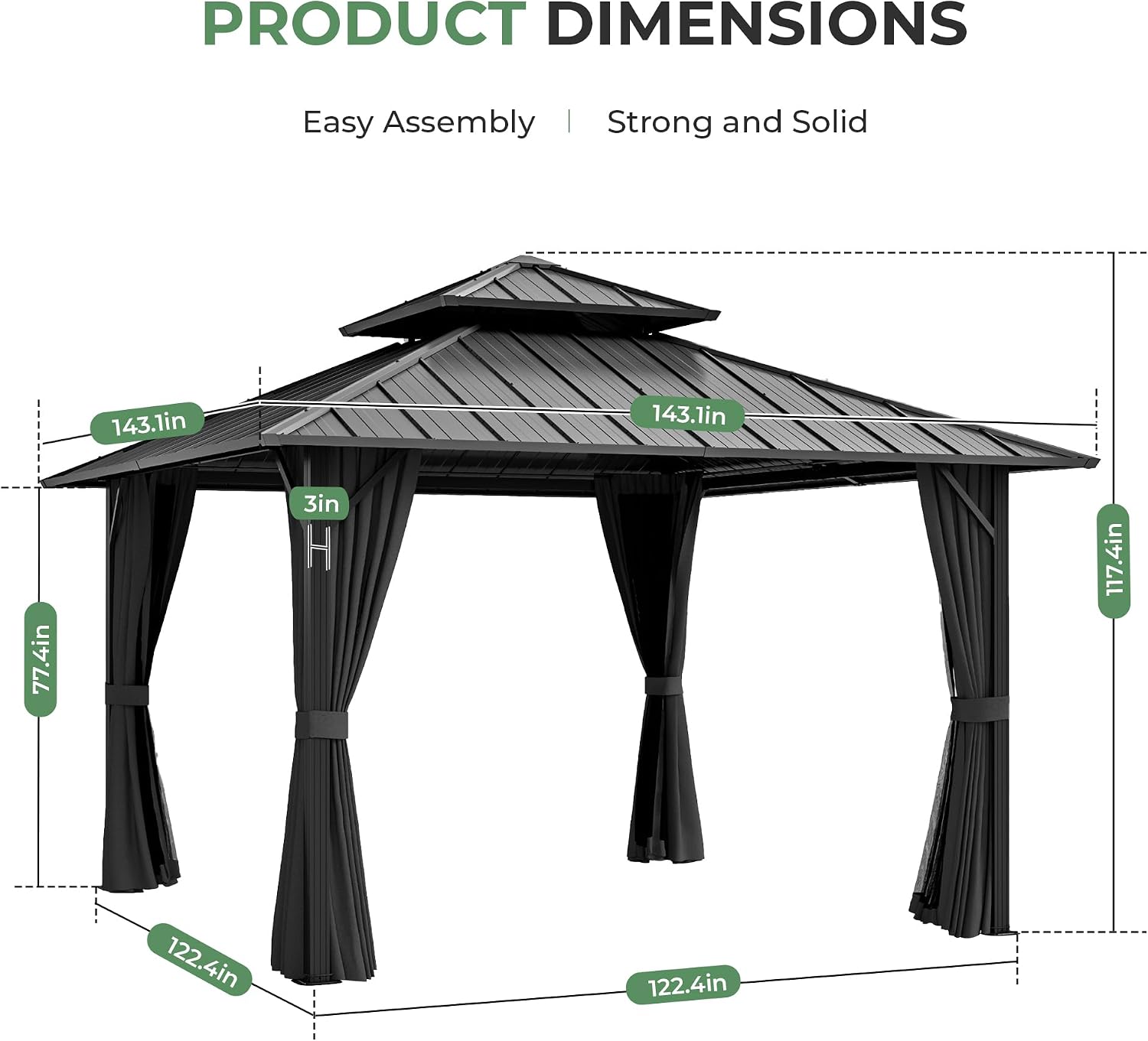 12' x 12' Hardtop Gazebo, Aluminum Frame with Double Galvanized Steel Roof, Outdoor Metal Gazebo with Netting & Curtains for Backyard, Garden, or Deck, Grey
