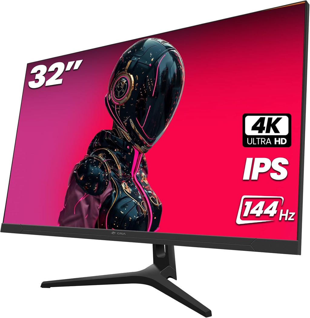 CRUA 32' 4K Gaming Monitor, UHD 3840x2160 IPS Display, 144Hz, AMD FreeSync, 120% sRGB, 1.07B Colors, Built-in Speakers, HDMI 2.1 & DP 1.4, Wall Mountable PC Monitor for Gaming, Streaming & Work