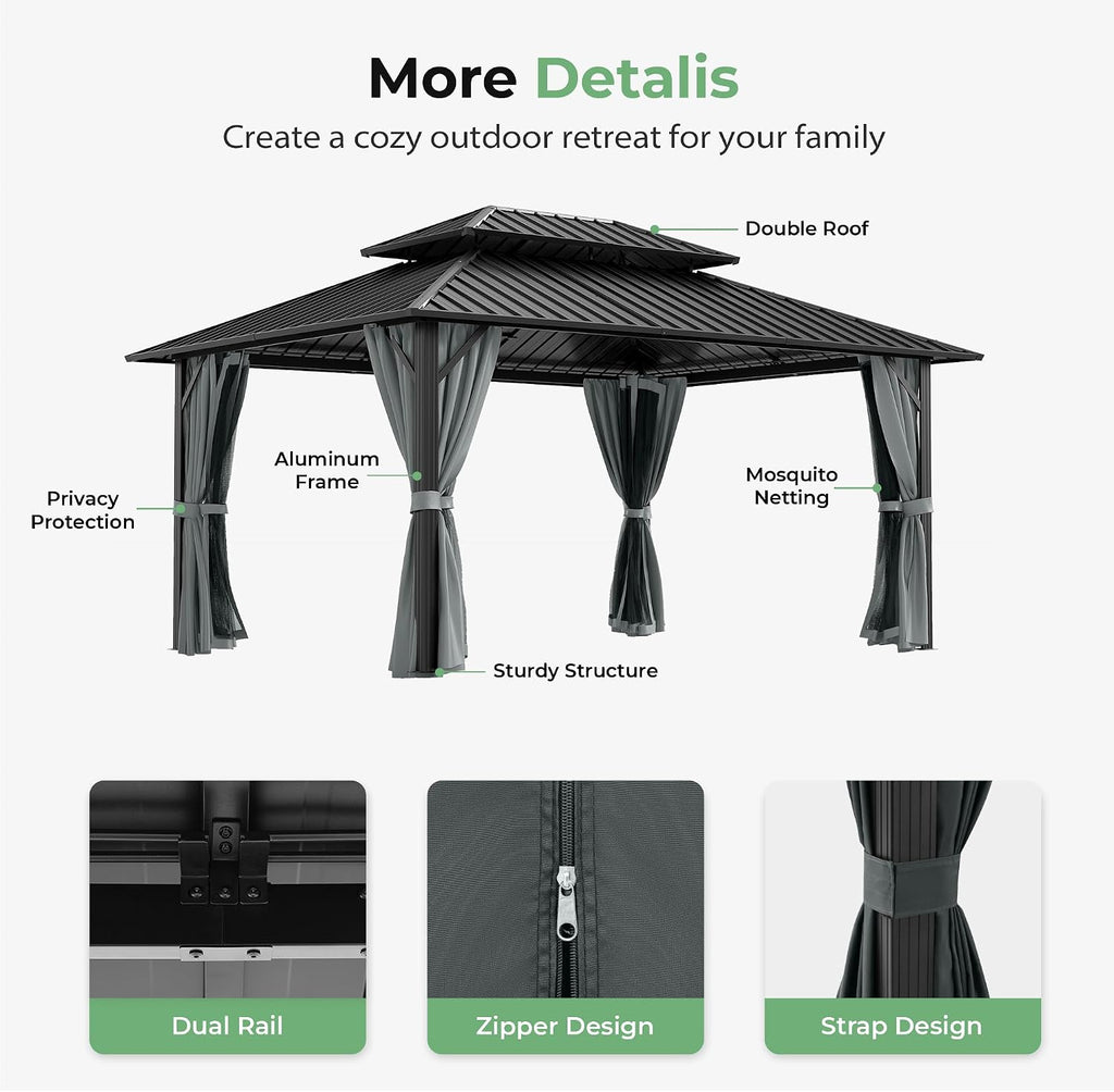 12' x 16' Hardtop Gazebo, Aluminum Frame with Double Galvanized Steel Roof,Permanent Outdoor Gazebo with Netting and Curtains for Backyard, Garden, or Deck, Gray