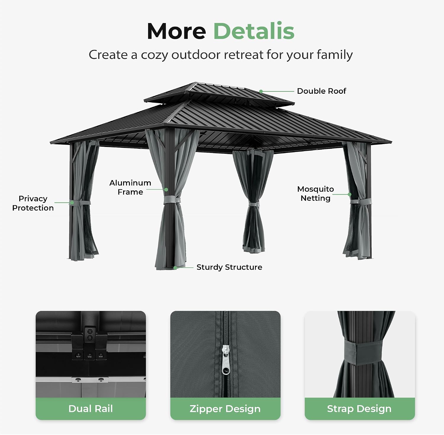 12' x 16' Hardtop Gazebo, Aluminum Frame with Double Galvanized Steel Roof,Permanent Outdoor Gazebo with Netting and Curtains for Backyard, Garden, or Deck, Gray