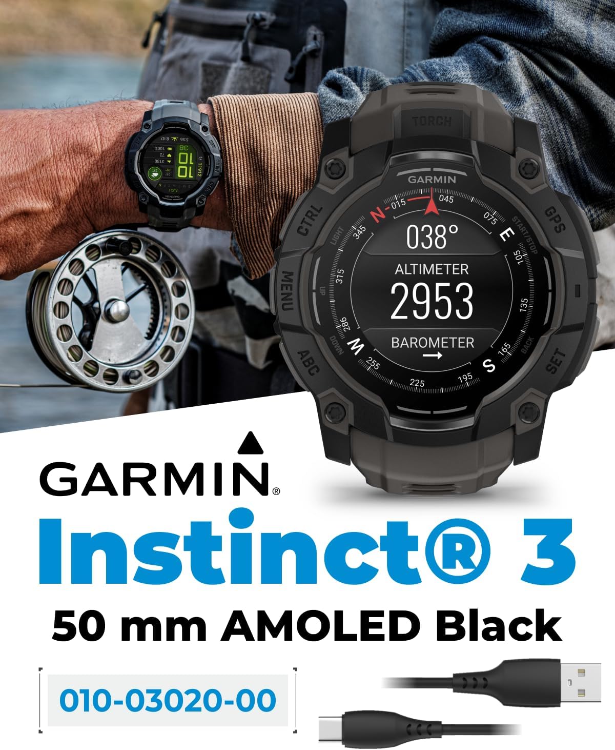 Garmin Instinct 3 50 mm, AMOLED Display, Rugged Outdoor GPS Smartwatch, Metal-Reinforced Bezel, Built-in Flashlight, Up to 18 Days of Battery Life, Black with Charcoal Band Bundle