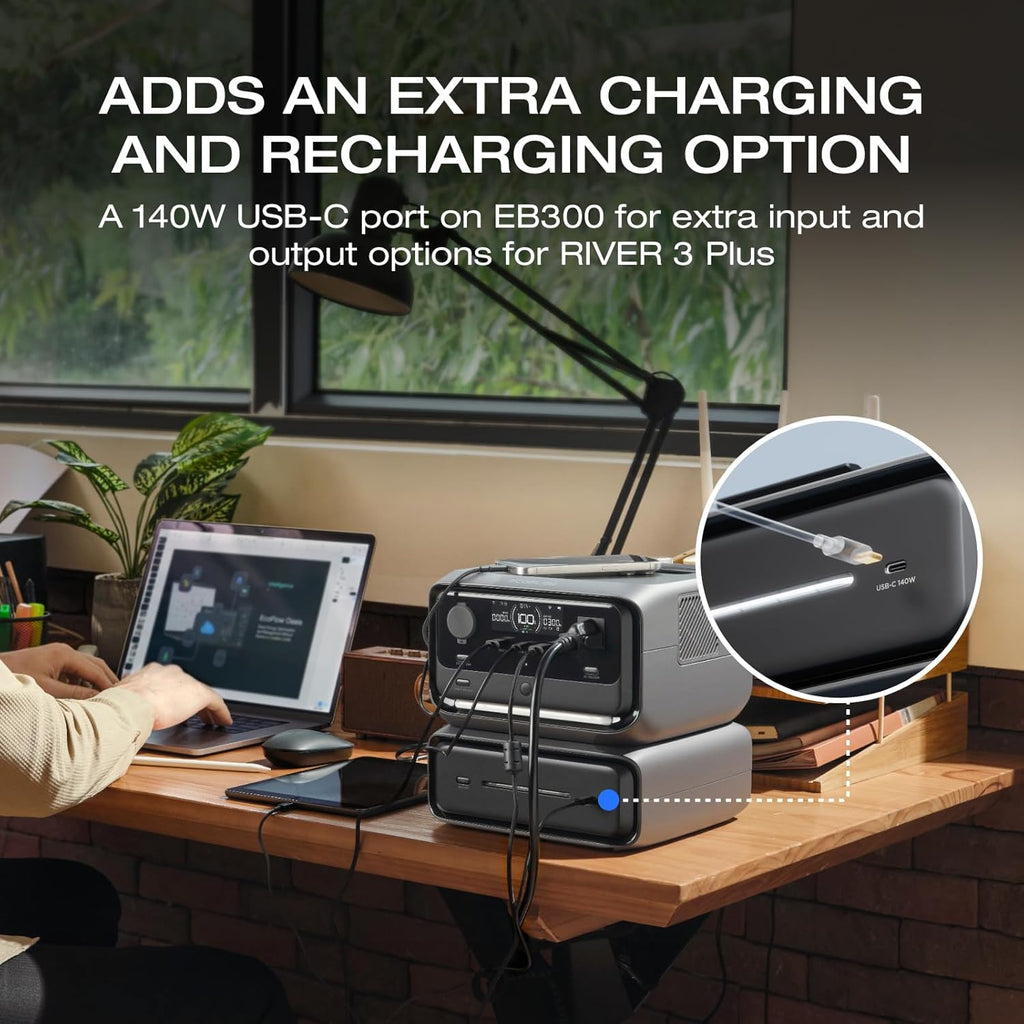 EF ECOFLOW River 3 Plus Portable Power Station Extra Battery EB300, 286Wh Expansion LiFePO4 (LFP) Battery with 10-Year Lifespan, Built-in 140W USB-C Port for Charging/Discharging, Use Independently