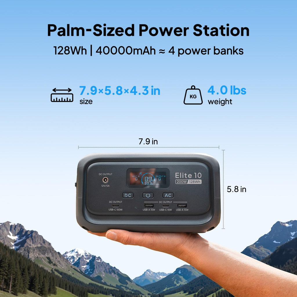 BLUETTI Solar Generator Elite 10 with 60W Solar Panel Included (Ship Separately), 128Wh Mini Power Station with 200W AC Outlet, Palm-Size Portable Power for Camping, Outages, and UPS Backup