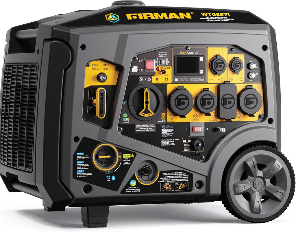 FIRMAN WT05571 Tri Fuel Inverter Portable Generator, 6850W Electric Start, Gas, Propane, Natural Gas Power, Whisper Series Quiet Operation, CO Alert Safety, RV Ready 120 240V Backup Generator