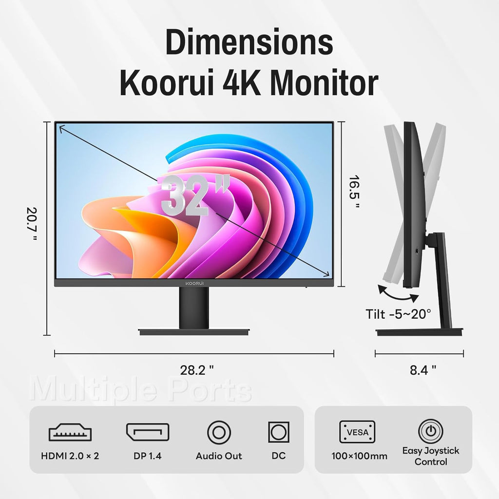 KOORUI 32 inch 4K UHD Computer Monitor, 3840x2160p, Built-in Speakers x2,GTG 3ms, VESA, HDR10, Borderless Design,Adaptive Sync, Wall Mounting HDMI 2.0 x2 E3241A