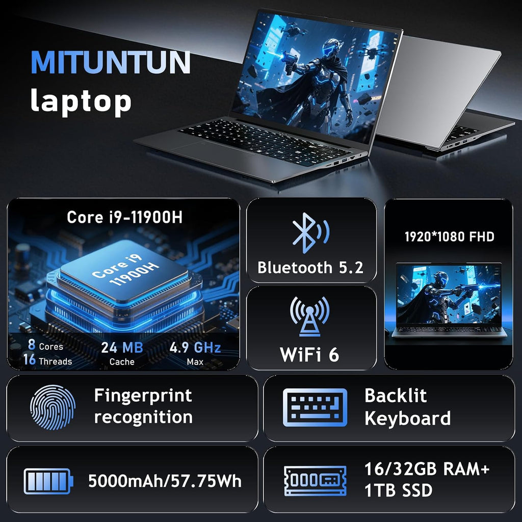 Gaming Laptop Computer, 15.6 Inch Lap Top PC Windows 11 Pro 2026, i9-11900H Processor(up to 4.9Ghz), 16GB RAM 1TB SSD, 1920 * 1080 IPS Display, Office 365, Backlit Keyboard, 57.75Wh Battery