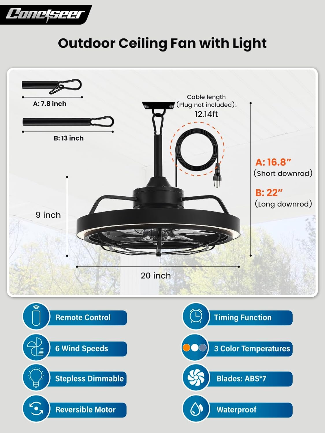 Conciseer Outdoor Ceiling Fan with Light for Patio, 20' Waterproof All-Weather Plug-in Hanging Fan, Smart APP/Remote Control, 3CCT Dimmable LED, Caged Design for Gazebo, Pergola, Porch
