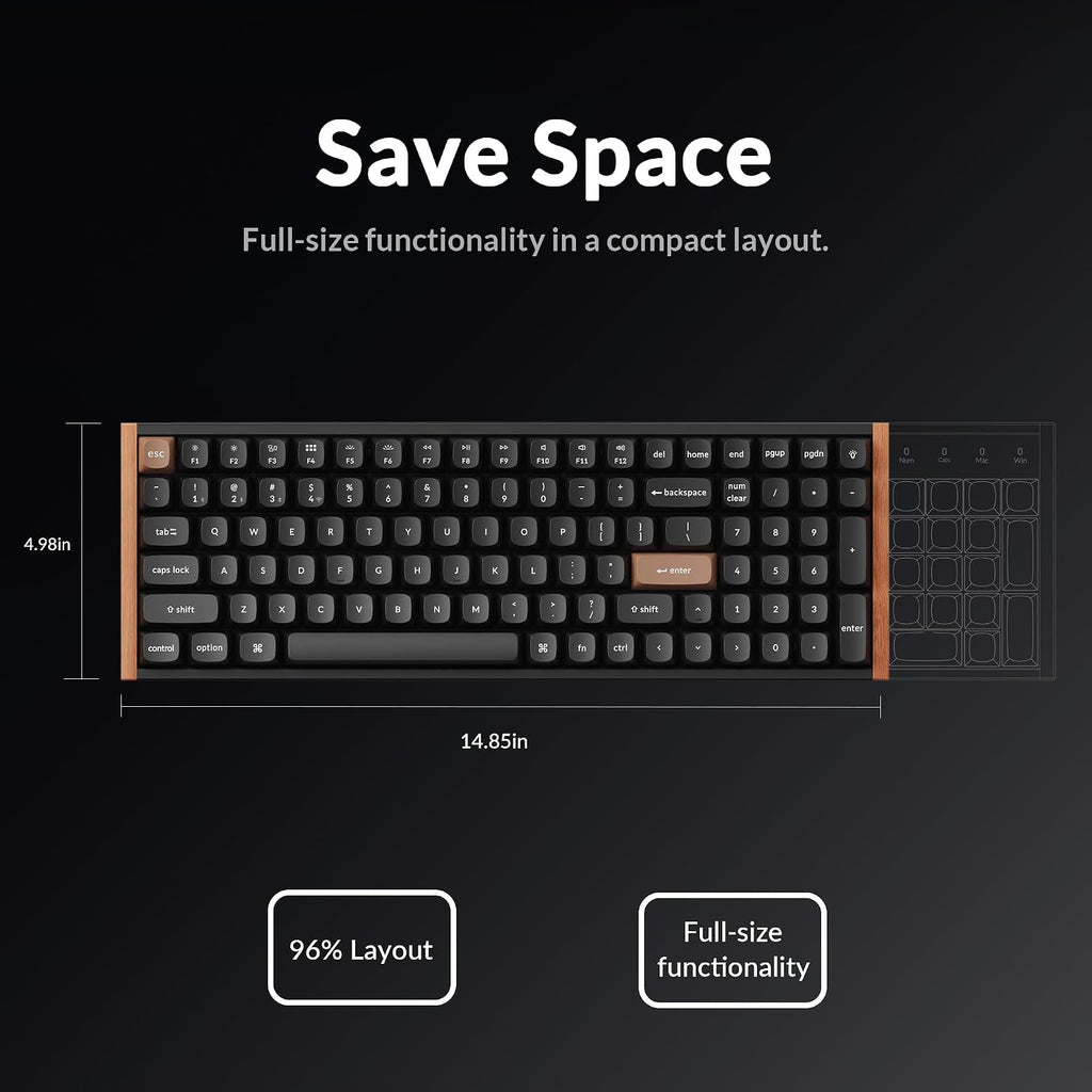 Keychron K4 HE 96% Wireless Hall Effect Keyboard with Number Pad, Rapid Trigger Magnetic Switches, QMK Launcher, 2.4GHz/Bluetooth/Wired, Mac & Windows, Wood Accent Frame, Black (Non-Shine-Through)
