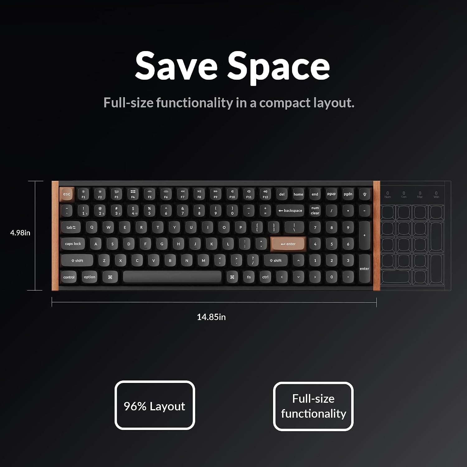 Keychron K4 HE 96% Wireless Hall Effect Keyboard with Number Pad, Rapid Trigger Magnetic Switches, QMK Launcher, 2.4GHz/Bluetooth/Wired, Mac & Windows, Wood Accent Frame, Black (Non-Shine-Through)