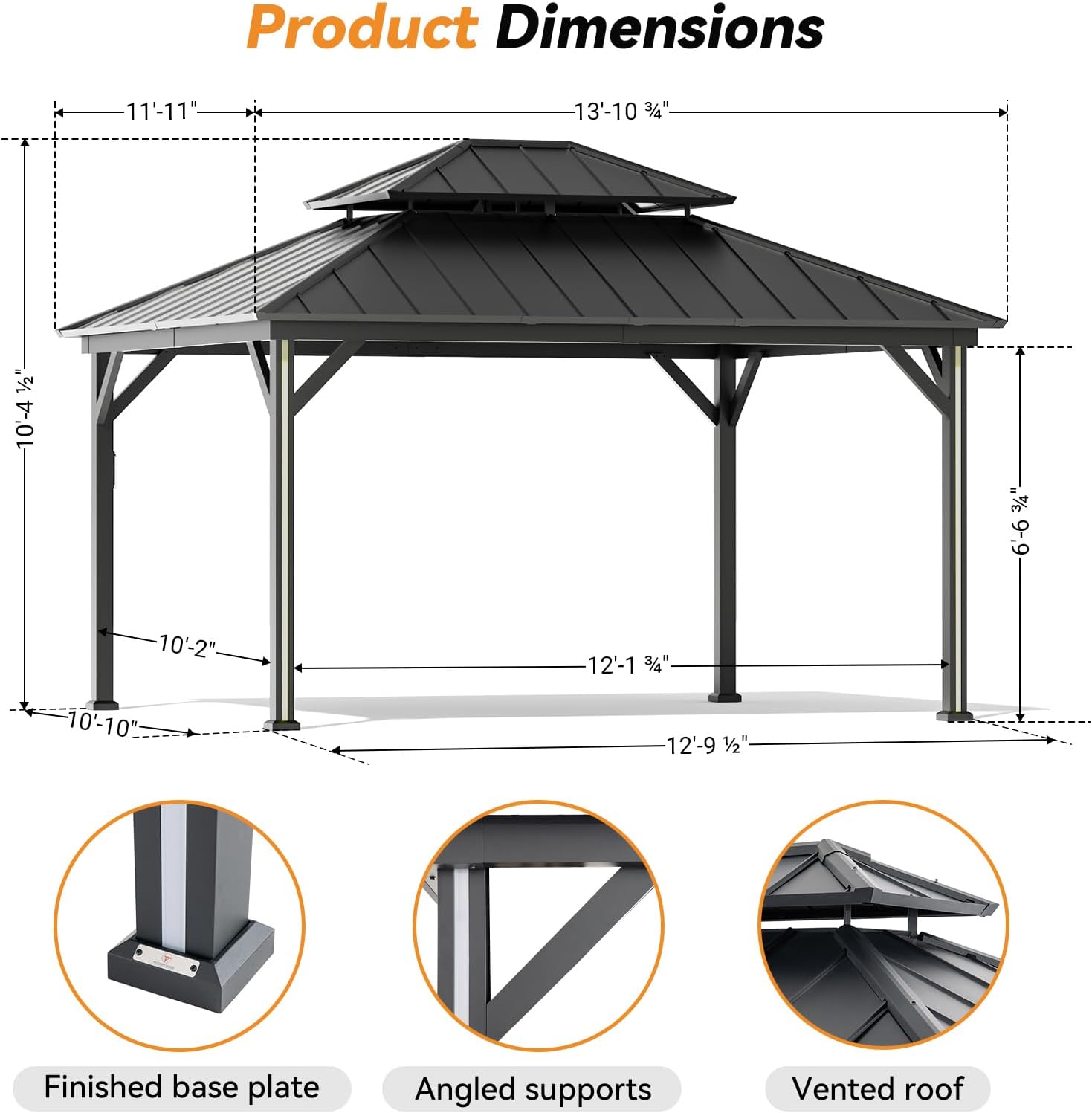 Modern Shade Hardtop Gazebo 12' x 14' with 4 LED Lights, Permanent Outdoor Gazebo with Double Roof, Aluminum Frame, Patio Pavilion with USB Charging Port Deck, Mosquito Netting and Curtains, Black