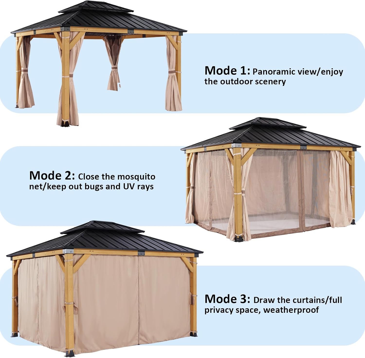 10'x12' Wooden Hardtop Gazebo,Wood Heavy Duty Solid Cedar Gazebos with Mosquito Netting and Waterproof Curtains,Outdoor Metal Canopy for Deck Patio