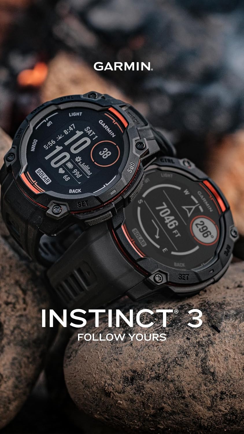 Garmin Instinct 3 45mm, Solar Charged Display, Rugged Outdoor GPS Smartwatch, Metal-Reinforced Bezel, Built-in Flashlight, Black (010-02934-00) Tactical Smart Watch Bundle for Men and Women