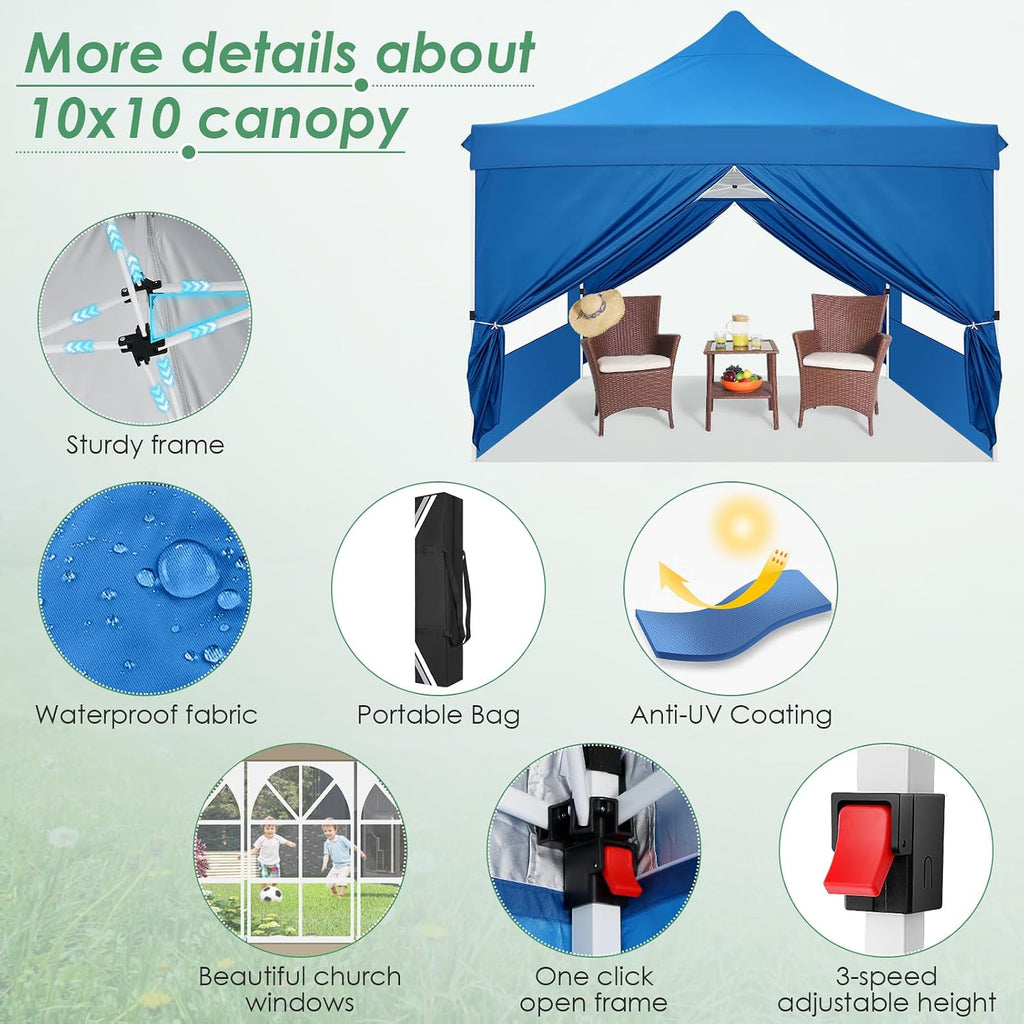 COBIZI Canopy 10x10 Pop Up Canopy Tent with Sidewalls, Commercial Party Tent Ez Waterproof Outdoor Instant Gazebo UV 50+ Event Shelter, Garden Tents for Parties Camping with Sandbags,Blue