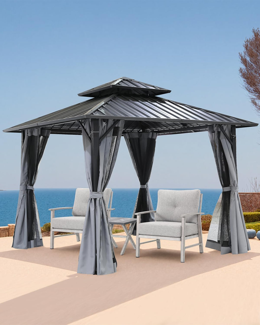 10' x 10' Hardtop Gazebo, Aluminum Frame Outdoor Patio Gazebos with Netting and Curtains, Outdoor Gazebo Canopy, Patio Pergola with Double Steel Roofs for Backyard, Patio, Deck, Slate Gray