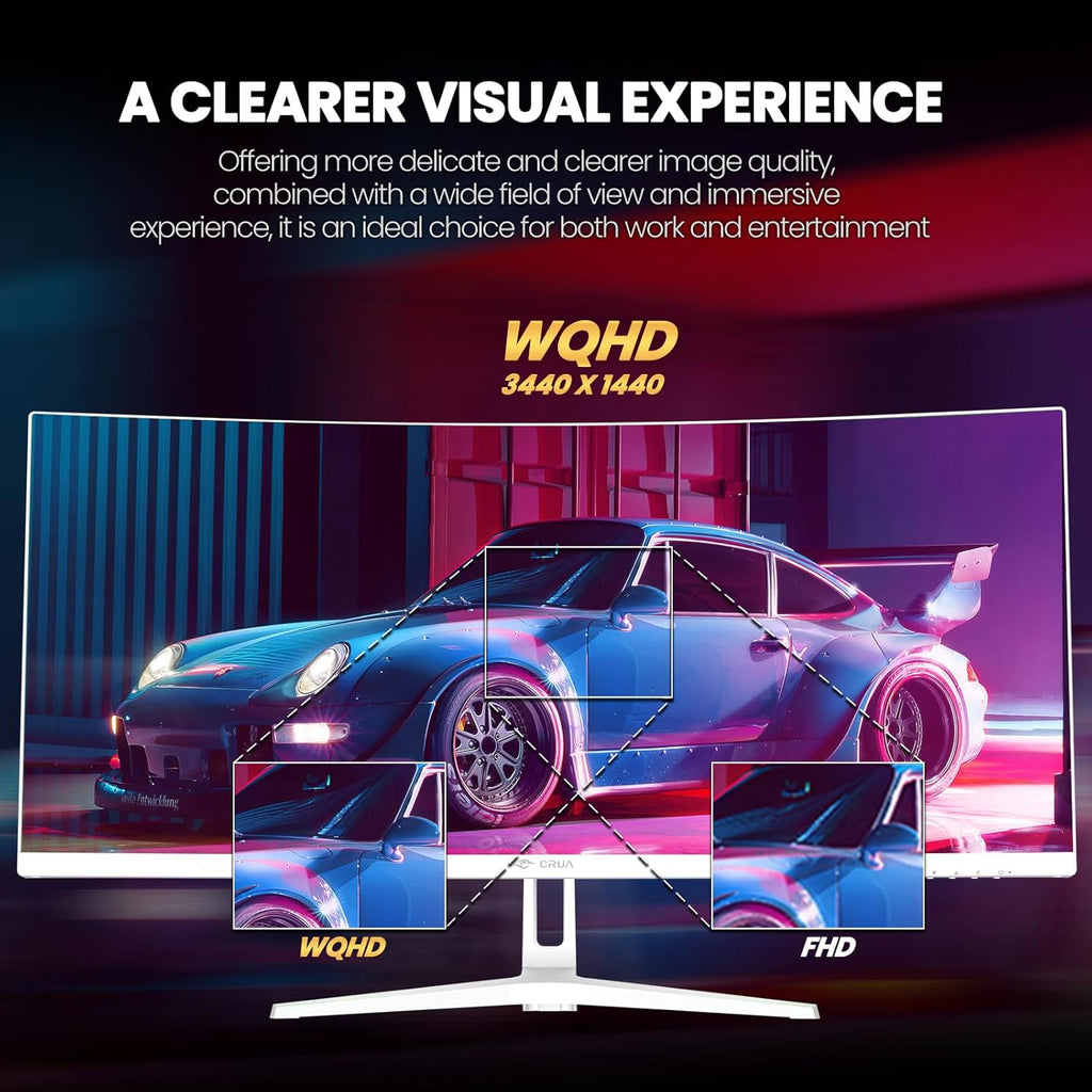 CRUA 34'' White Gaming Monitor 165Hz/144Hz, 21:9 1500R Ultrawide Curved Monitors, WQHD 3440x1440 120% sRGB VA Computer Display Support FreeSync, PIP/PBP, HDMI2.0 & DP1.4, Wall Mount&Tilt Adjustable