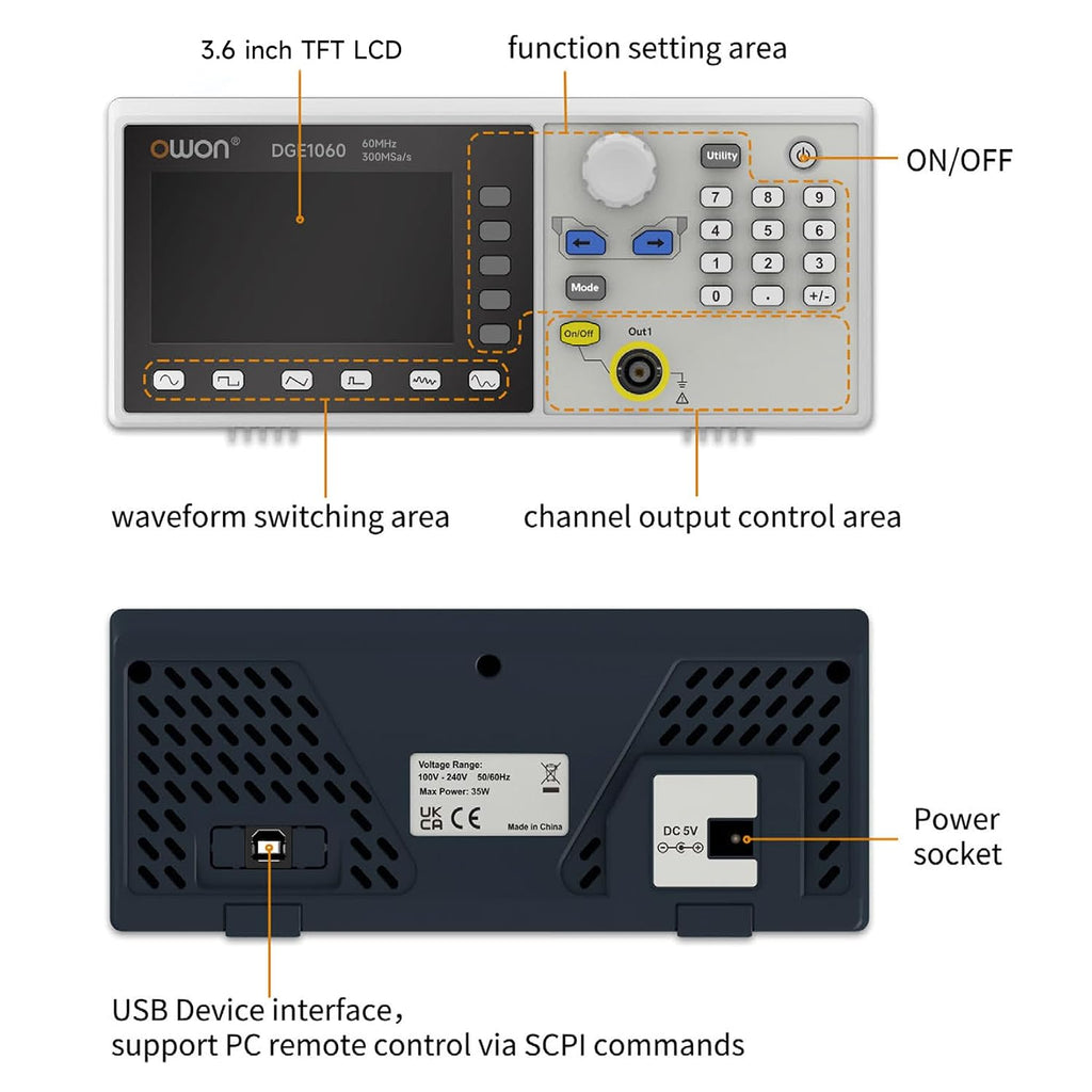OWON Waveform Generator, 60MHz Bandwidth,300MSa/s Sampling Rate, 14 bits Vertical Resolution, 8K Waveform Length, 5 Basic Waveforms, 160 built-in Arbitrary Waveforms, with 3.6IN LCD Display DGE1060