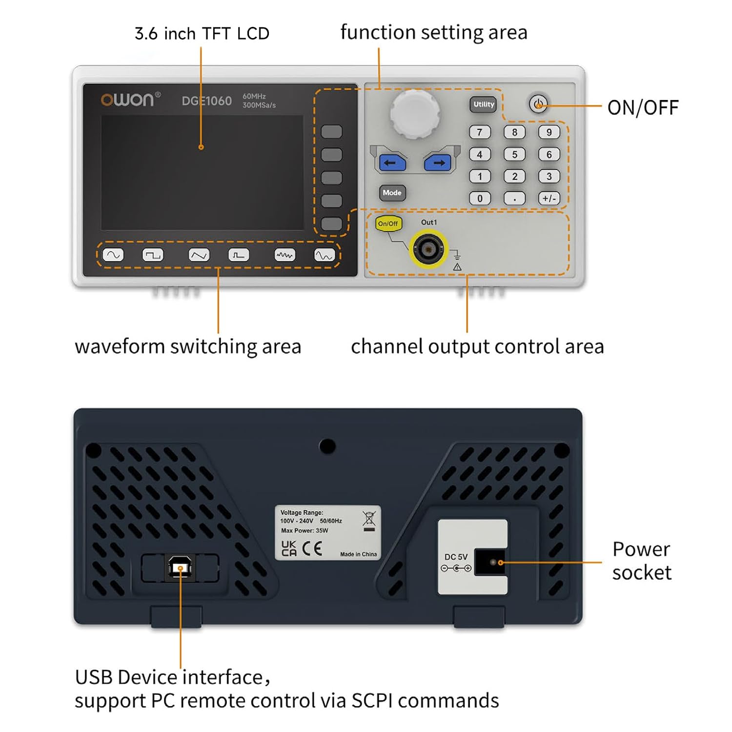 OWON Waveform Generator, 60MHz Bandwidth,300MSa/s Sampling Rate, 14 bits Vertical Resolution, 8K Waveform Length, 5 Basic Waveforms, 160 built-in Arbitrary Waveforms, with 3.6IN LCD Display DGE1060