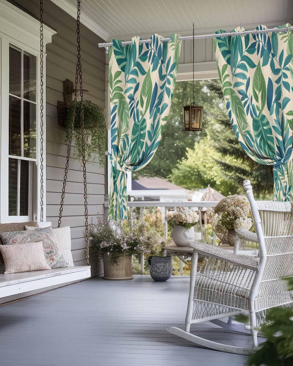 Summer Tropical Plants Outdoor Curtain for Patio Waterproof, Green Leaves Rustic Burlap Texture Outside Curtains with Grommet Top Curtain Panels Drapes for Pergola, Gazebo, Balcony 54'W x 95'L 2 Pcs