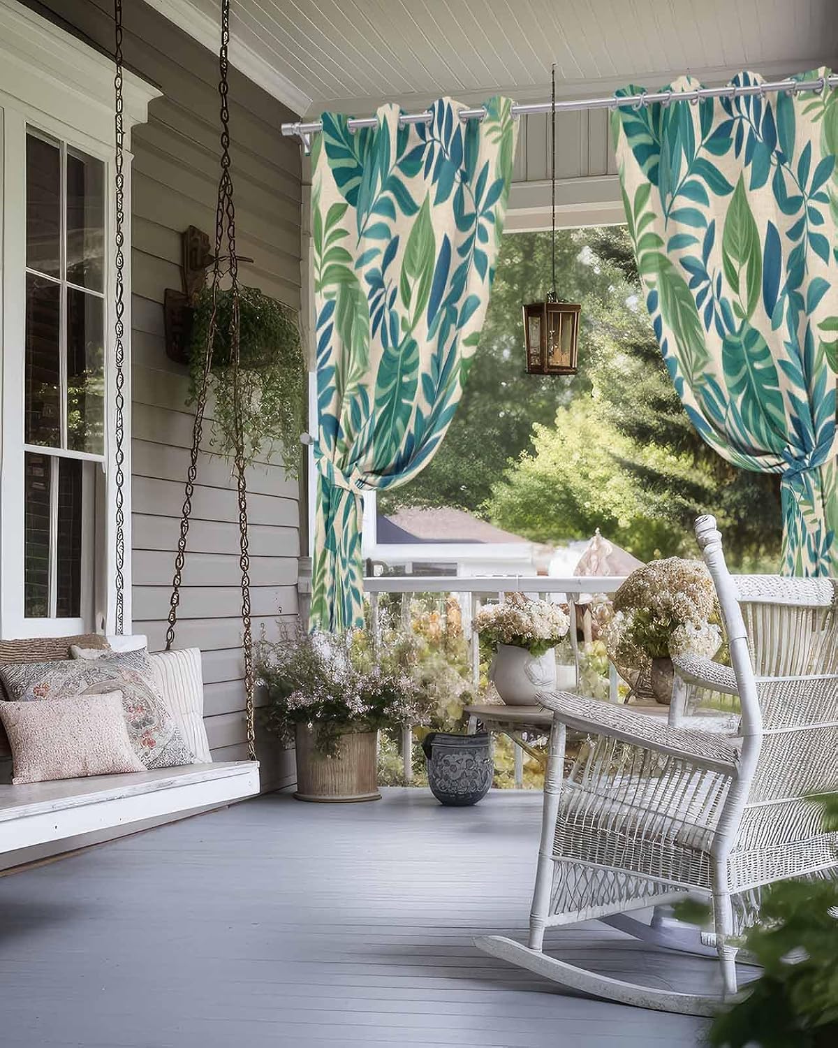 Summer Tropical Plants Outdoor Curtain for Patio Waterproof, Green Leaves Rustic Burlap Texture Outside Curtains with Grommet Top Curtain Panels Drapes for Pergola, Gazebo, Balcony 54'W x 95'L 2 Pcs