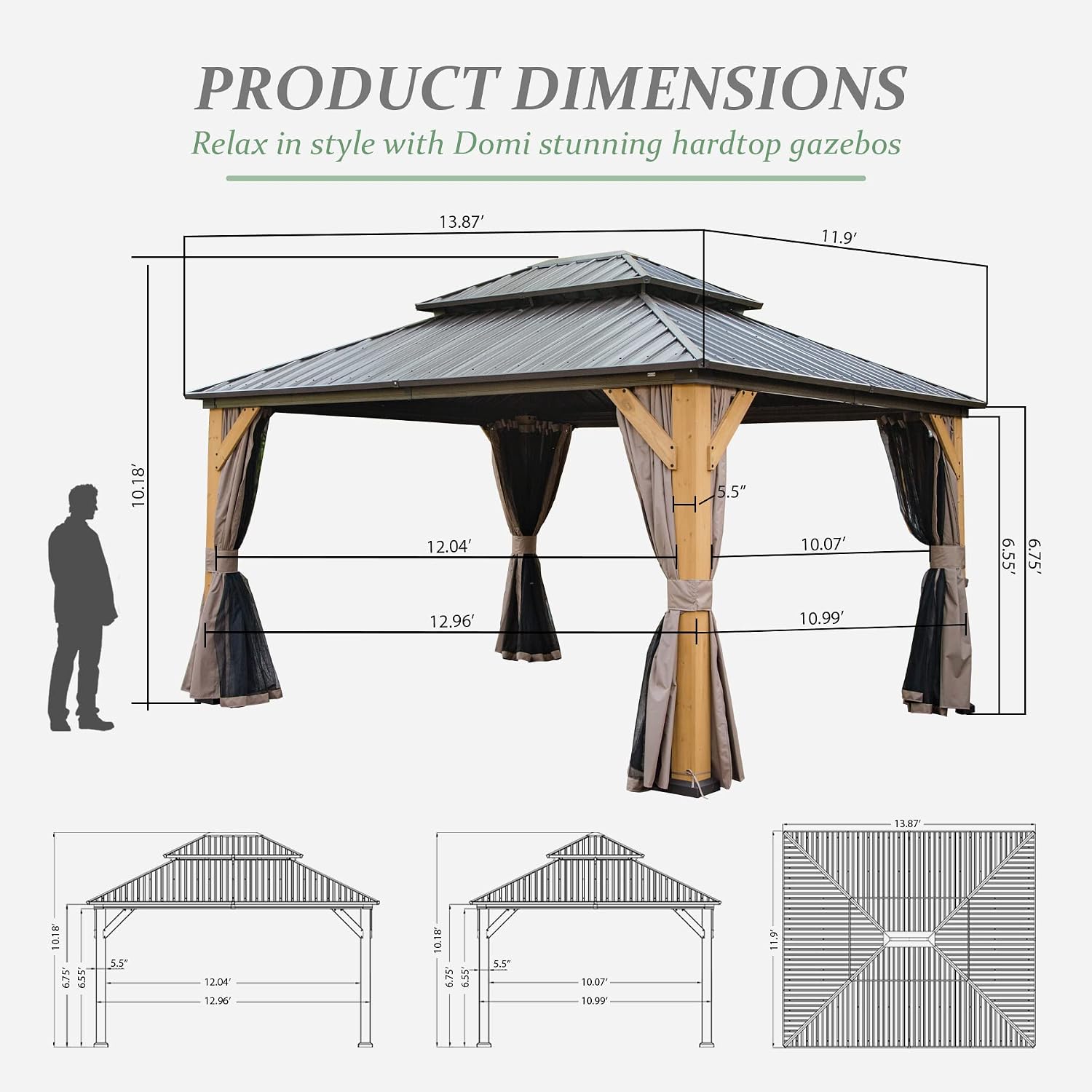 domi outdoor living 12x14 ft Wood Gazebo, Cedar Frame Hardtop Gazebo with Galvanized Steel Double Roof, Netting & Curtains, Patio Pergola Pavilion for Patio, Backyard, Deck, Lawns
