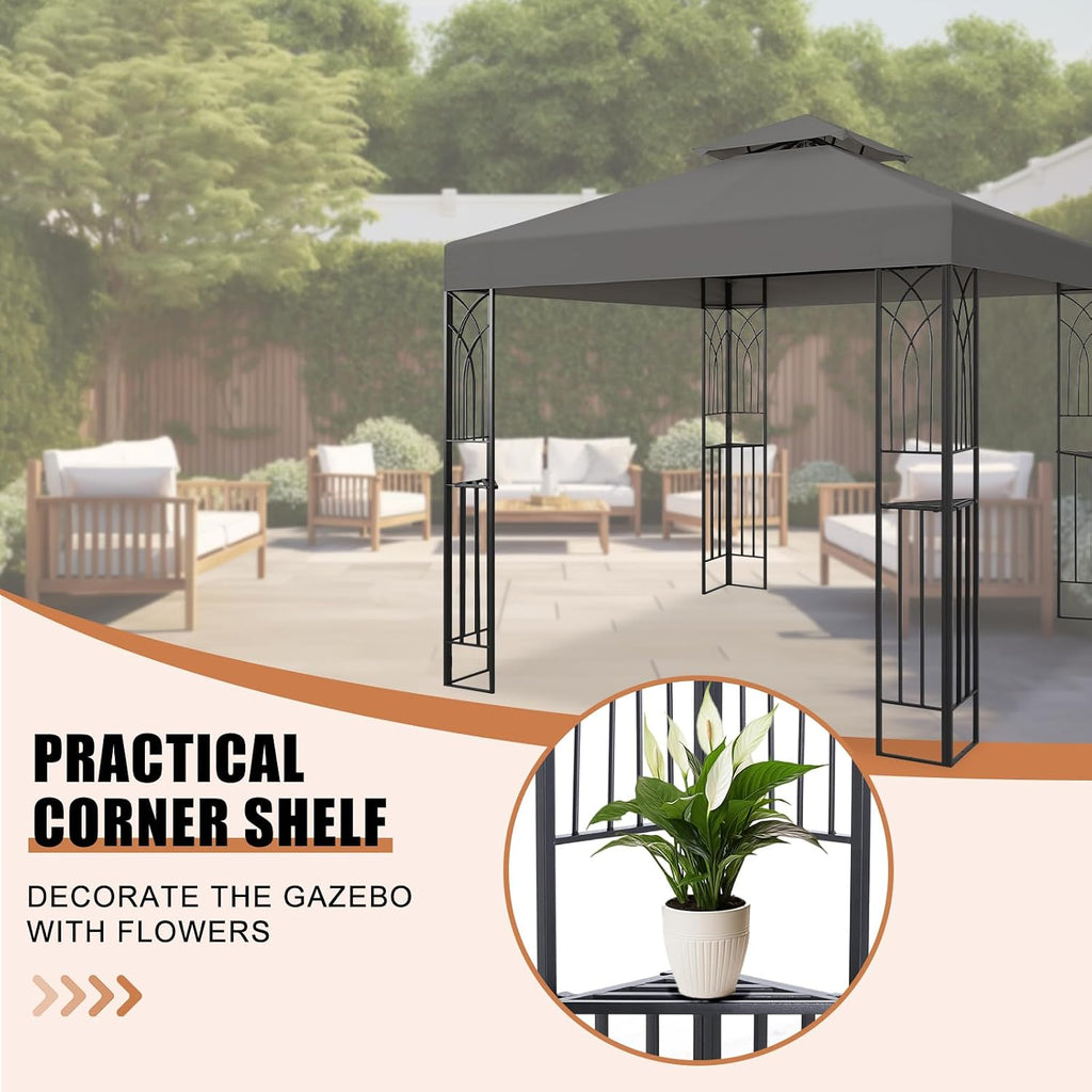 8x8 Outdoor Gazebo for Backyard, Patio Gazebo Tent with Corner Shelves, Gray