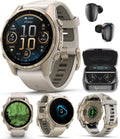 Garmin Fenix 8 – 43 mm Sapphire, AMOLED Multisport GPS Smartwatch, Soft Gold with Fog Gray/Dark Sandstone Silicone Band, Built-in LED Flashlight, Voice Control Black Earbuds Bundle