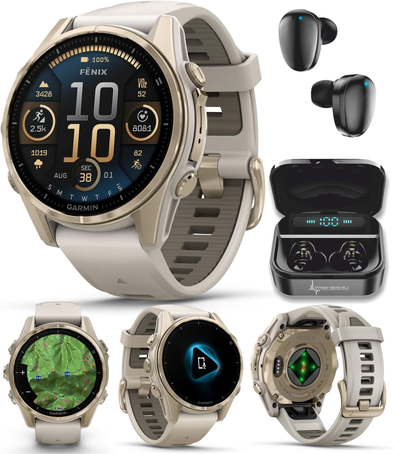 Garmin Fenix 8 – 43 mm Sapphire, AMOLED Multisport GPS Smartwatch, Soft Gold with Fog Gray/Dark Sandstone Silicone Band, Built-in LED Flashlight, Voice Control Black Earbuds Bundle
