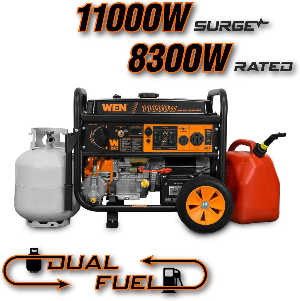 WEN 11,000-Watt 120V/240V Dual Fuel Portable Generator with Wheel Kit and Electric Start (DF1100T)