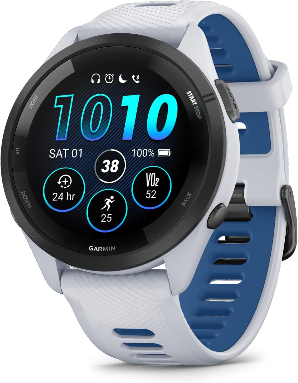 Garmin Forerunner 265 Music GPS Running 46 mm Smartwatch, Whitestone with AMOLED Touchscreen Display White Earbuds Bundle, White +Wht EarBuds