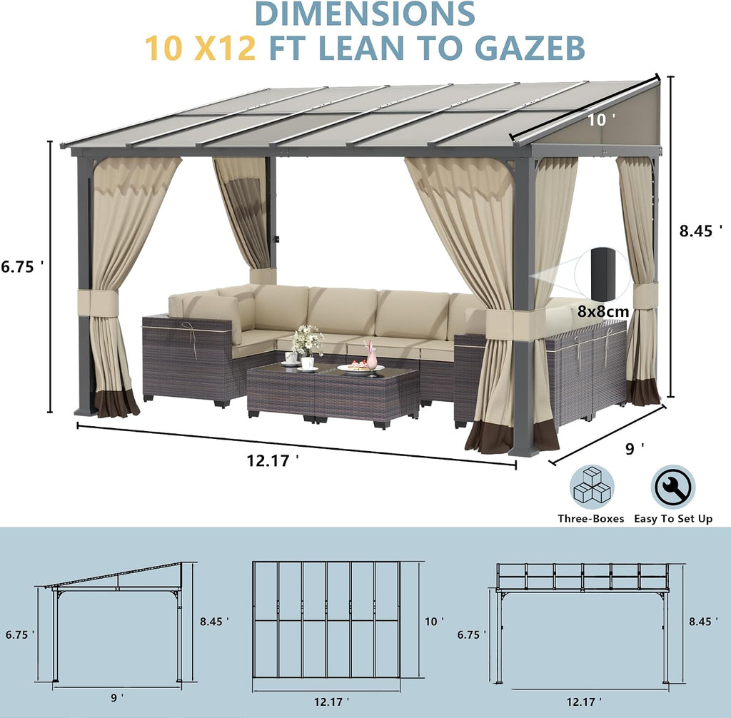 Kurapika 10' x 12' Wall Mount Gazebo Outdoor Pergola, Hardtop Lean to Gazebo Canopy Awnings with Sloped Roof and Sturdy Steel Frame, for Patio, Porch, Deck, Backyard(Sand)